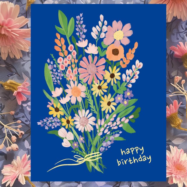 Wildblumen handgemalt Gouache Happy Birthday Postkarte (Wildflowers Handpainted Bouquet Gouache Happy Birthday Blue Postcard
)