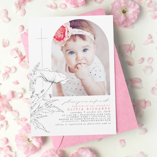 Wildblumen Handgezeichnet Taufe Baby Girl Foto Einladung (Von Creator hochgeladen)