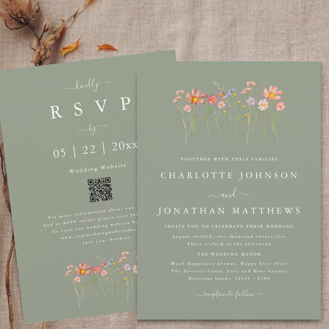 Wildblumen Herbst Florale Salbei Grün Hochzeit QR  Einladung (Wildflower boho fall floral sage green Wedding qr code invitation Watercolor whimsical meadow flower)