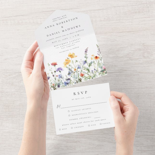 Wildblumen-Hochzeit All In One Einladung (Abreißen)