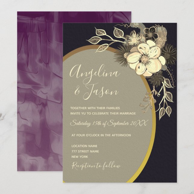 Wildblumen Hochzeit Gold und Black Einladung (Vorne/Hinten)