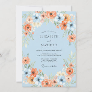 Wildblumen-Hochzeit in Azurblau und Orange Einladung