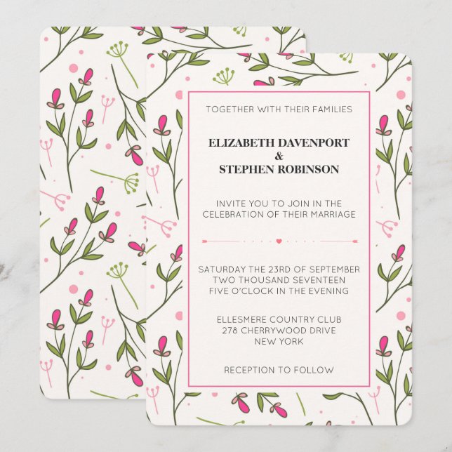 Wildblumen Hochzeit mit rosa und grünem Longsteg Einladung (Vorne/Hinten)