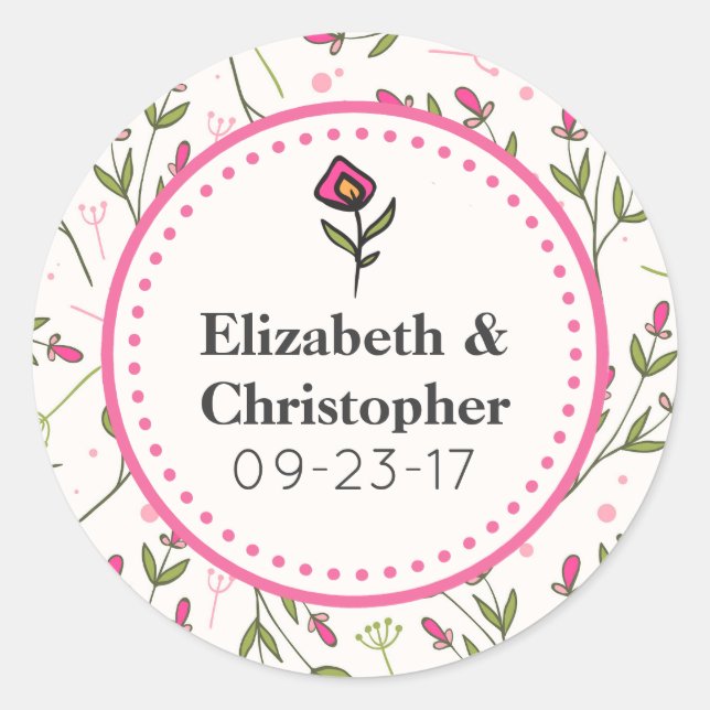 Wildblumen Hochzeit mit rosa und grünem Longsteg Runder Aufkleber (Vorderseite)