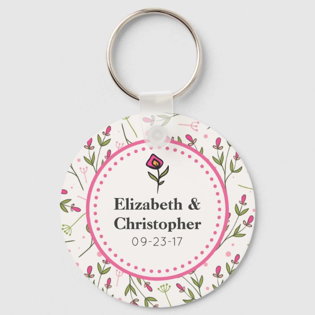 Wildblumen Hochzeit mit rosa und grünem Longsteg Schlüsselanhänger (Vorderseite)