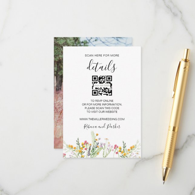 Wildblumen Hochzeitsdetails QR Foto Beilage Karte (Vorderseite/Rückseite Beispiel)