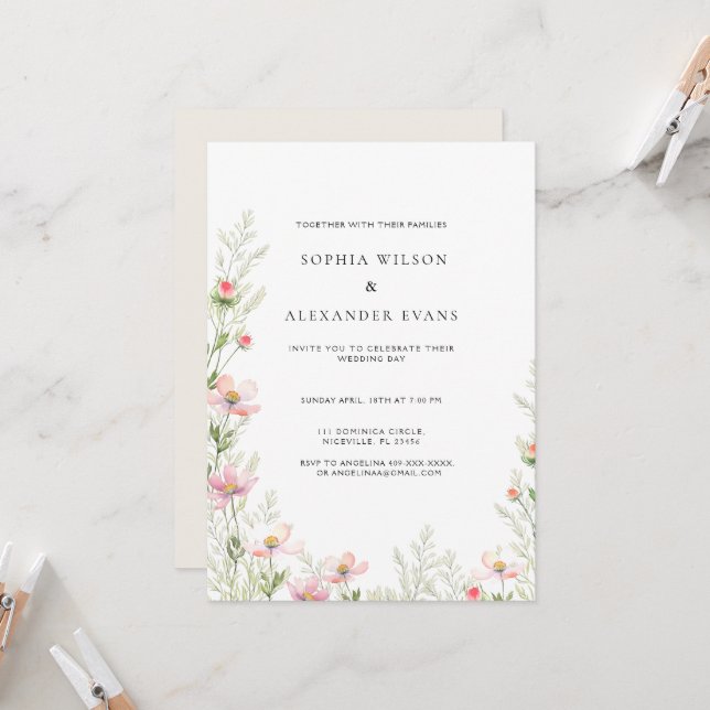 Wildblumen Hochzeitseinladung in einem sanften rom Einladung (Vorderseite/Rückseite Beispiel)