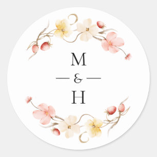 Wildblumen-Hochzeitsgunst mit floralem Monogramm i Runder Aufkleber