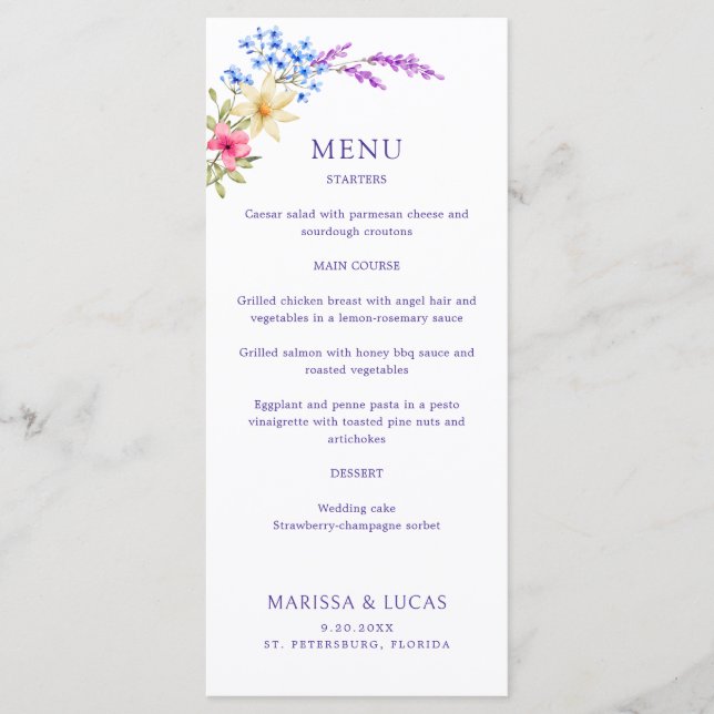 Wildblumen Hochzeitsmenü mit hellen Vivid-Farben Menükarte (Vorderseite)