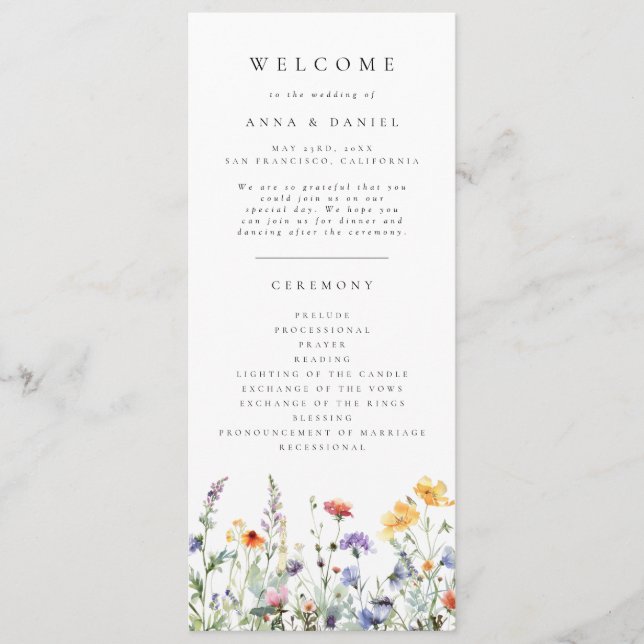 Wildblumen-Hochzeitsprogramm Programm (Vorderseite)