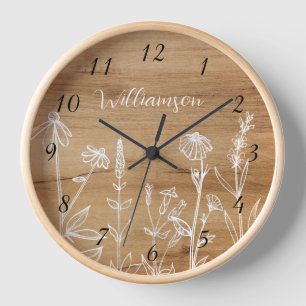 Wildblumen Holz Hintergrund Rustikale Zahlen Uhr
