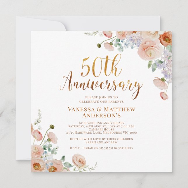 Wildblumen Imitate Goldene Kalligraphie 50 Jahre Einladung (Vorderseite)