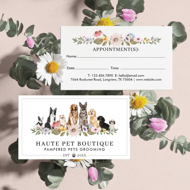 Wildblumen in Aquarell Hunde Tierfütterung Terminkarte (Watercolor Wildflowers Dog Breeds Animal Pet Care Appointment Card)