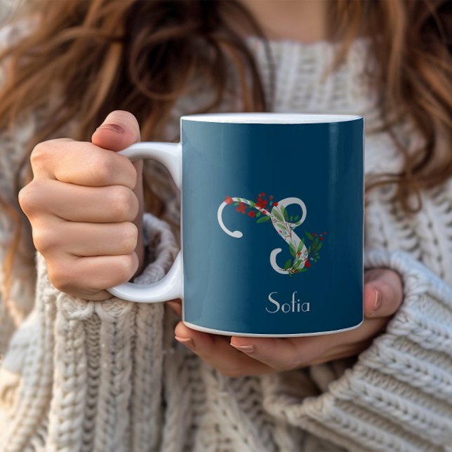 Wildblumen in Aquarellfarben Buchstaben blaue Tass Kaffeetasse (Von Creator hochgeladen)