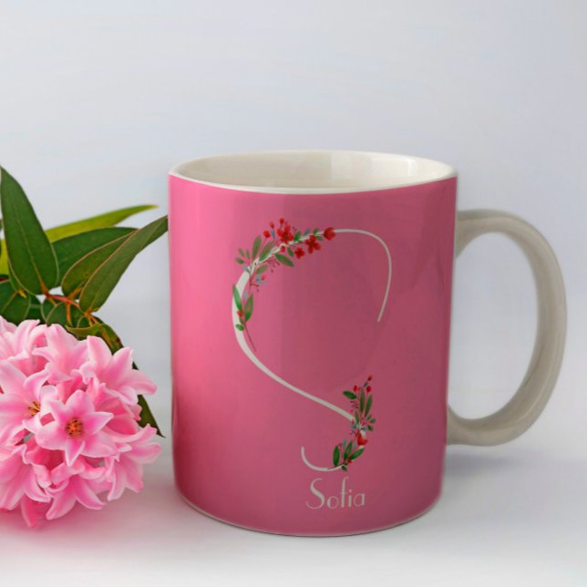 Wildblumen in Aquarellfarben, monogramm, rosa Tass Kaffeetasse (Von Creator hochgeladen)