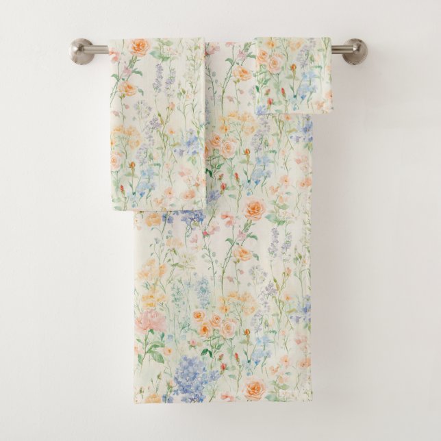 Wildblumen in Pastellblau Pink, grün Badhandtuch Set (Insitu)