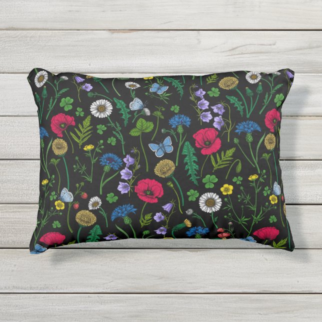 Wildblumen in schwarz kissen für draußen (Vorderseite)