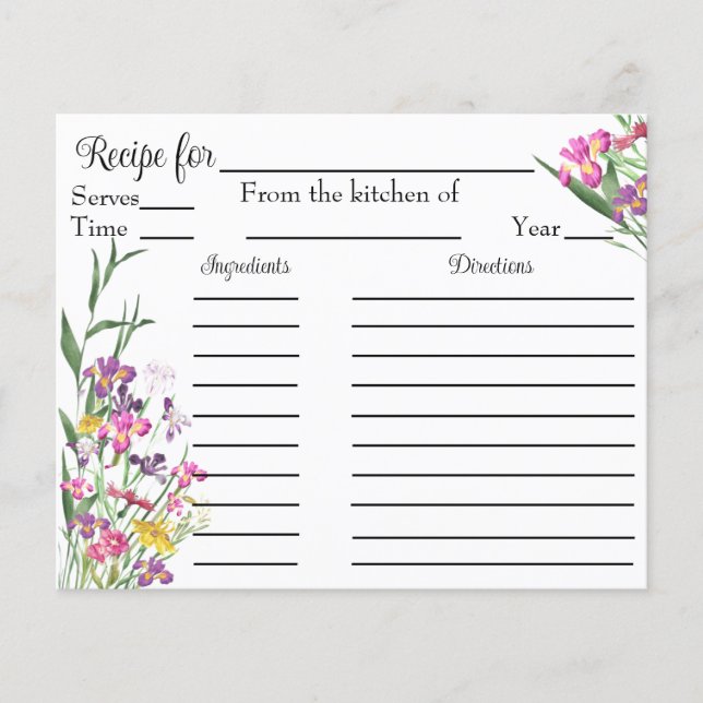 Wildblumen Iris Brautparty Rezept Karte (Vorderseite)
