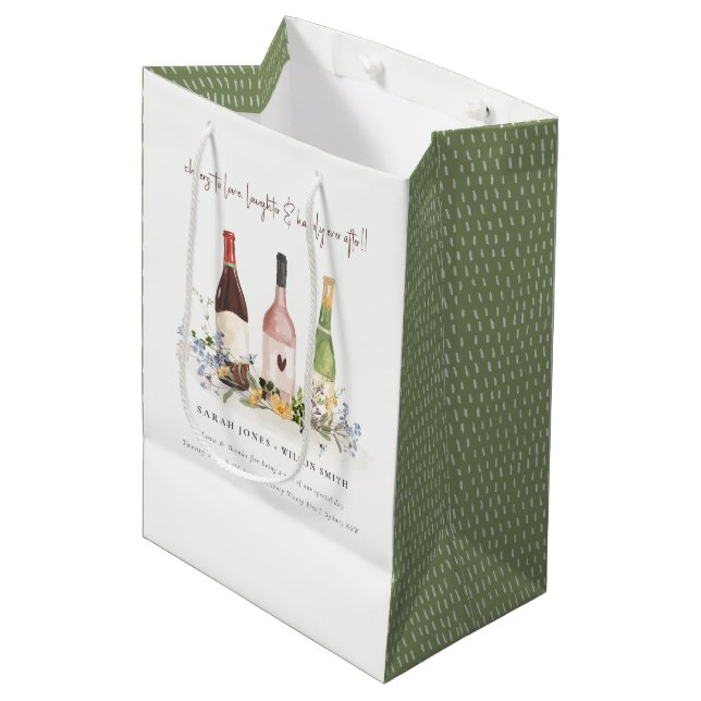 Wildblumen jubeln Liebe Weinflaschen Hochzeit Mittlere Geschenktüte (Vorderseite Schrägansicht)