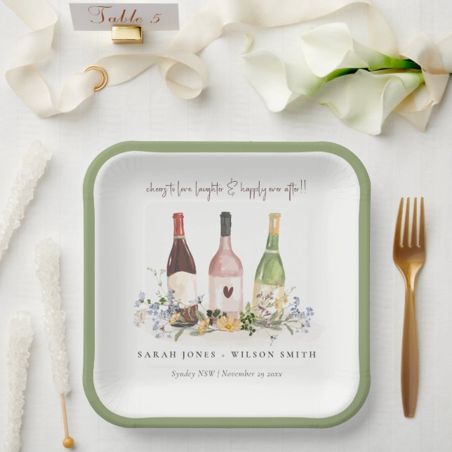 Wildblumen jubeln Liebe Weinflaschen Hochzeit Pappteller (Hochzeit)