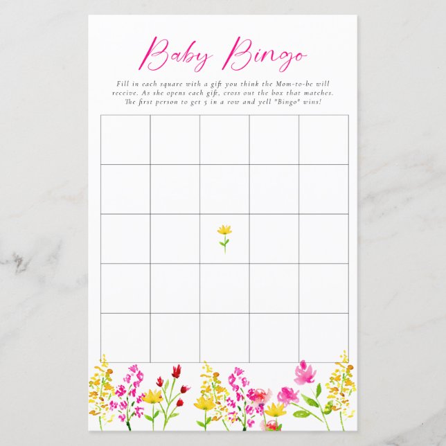 Wildblumen Kinderdusche Bingo Game Party Aktivität (Vorderseite)