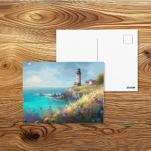 Wildblumen-Kliff-Leuchtturm-Aquarell-Kunst Postkarte