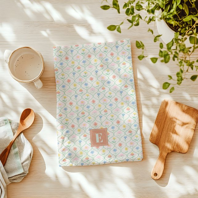 Wildblumen-Küchenhandtuch mit Initiale Geschirrtuch (wildflower geometric pattern kitchen towel with monogram)
