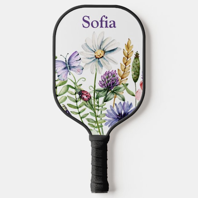 Wildblumen Ladybug und Schmetterlingssignatur Pickleball Schläger (Vorderseite)