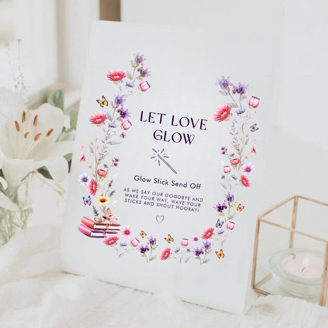 Wildblumen-Lavendel-Lass Liebe Leuchten Brautdusch Sockelschild (Romantic wildflower “Let Love Glow” sign for an elegant bridal shower.)