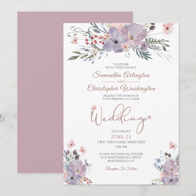 Wildblumen Lilac Wedding Einladung (Vorne/Hinten)