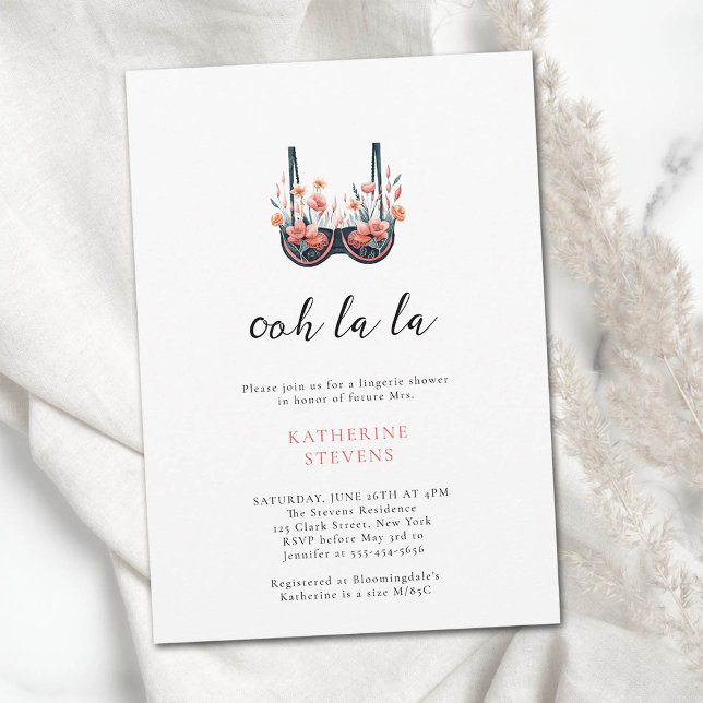 Wildblumen Lingerie Party Ooh La La Brautparty Einladung (lingerie shower wildflowers black bra watercolor bridal party invite modern elegant classy feminine )