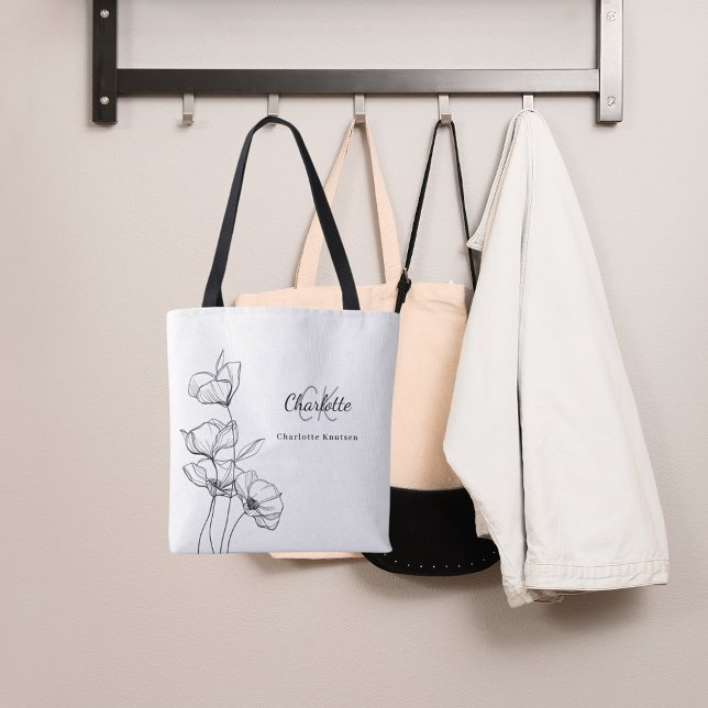 Wildblumen-Linienkunst einfaches Monogramm Name Tasche (Von Creator hochgeladen)