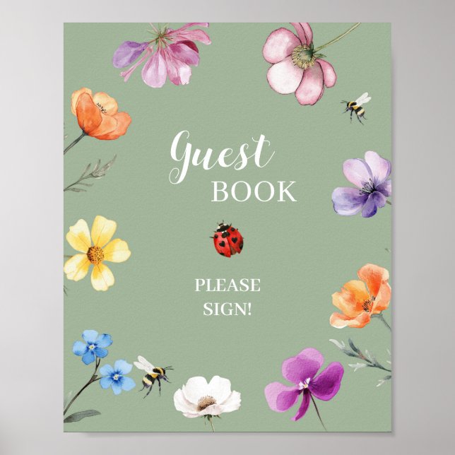 Wildblumen-Lovebug-Gästebuch-Party-Schild Poster (Vorne)