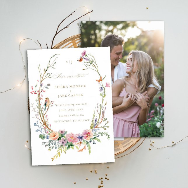 Wildblumen Magical Garden Foto Hochzeit Rett Datum Einladung (garden wedding save the date photo wildflowers enchanted woodland forest butterflies bird whimsical)