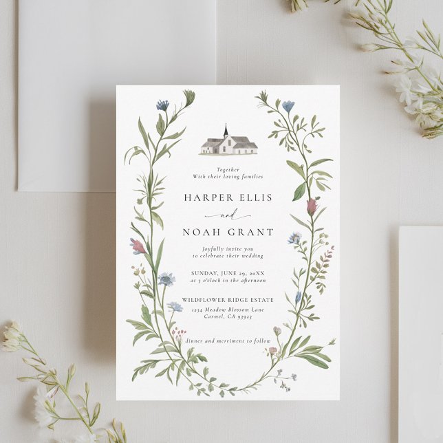 Wildblumen Manor Elegante Einfache Hochzeit Einladung (wildflowers wedding invitation manor floral frame modern garden outdoors indoors backyard barn chic)