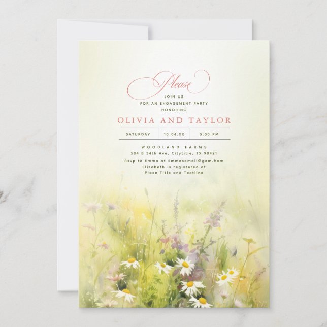 Wildblumen Meadow Elegante Sommer-Engagement Party Einladung (Vorderseite)