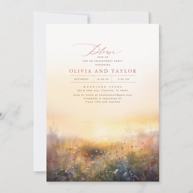 Wildblumen Meadow Elegante Sommer-Engagement Party Einladung (Vorderseite)