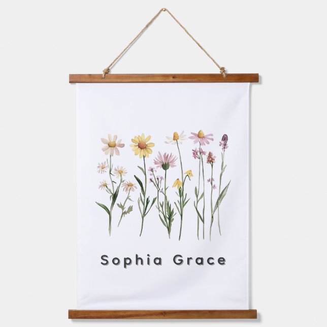 Wildblumen Minimalistischer Individuelle Name Wandteppich Mit Holzrahmen (Vorderseite)