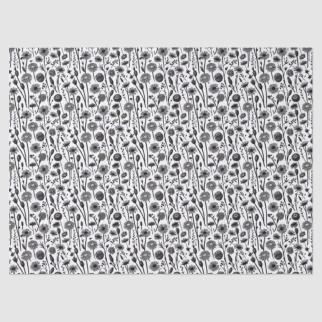 Wildblumen Minimalistisches Schwarz-Weiß-Muster Seidenpapier (Vorderseite)