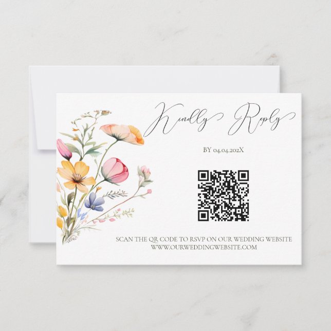 Wildblumen mit Aquarellfarben, die QR-Code hochhal RSVP Karte (Vorderseite)