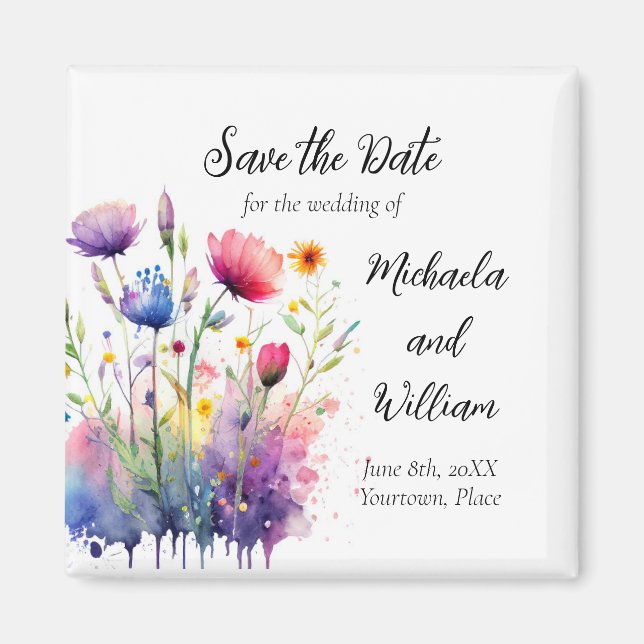 Wildblumen mit Aquarellfarben speichern das Datum Magnet (Vorne)