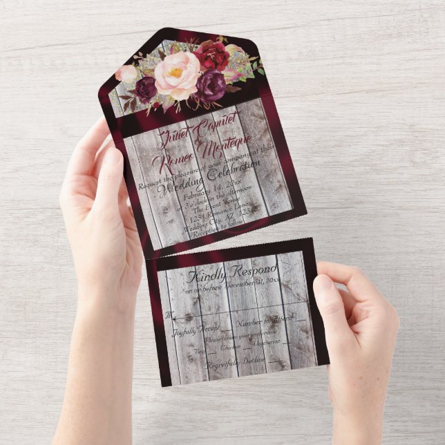 Wildblumen mit Burgund Ribbon & Lights Hochzeit All In One Einladung (Abreißen)