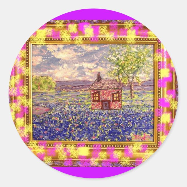Wildblumen mit Hütte gerahmte Kunst Runder Aufkleber (Vorderseite)