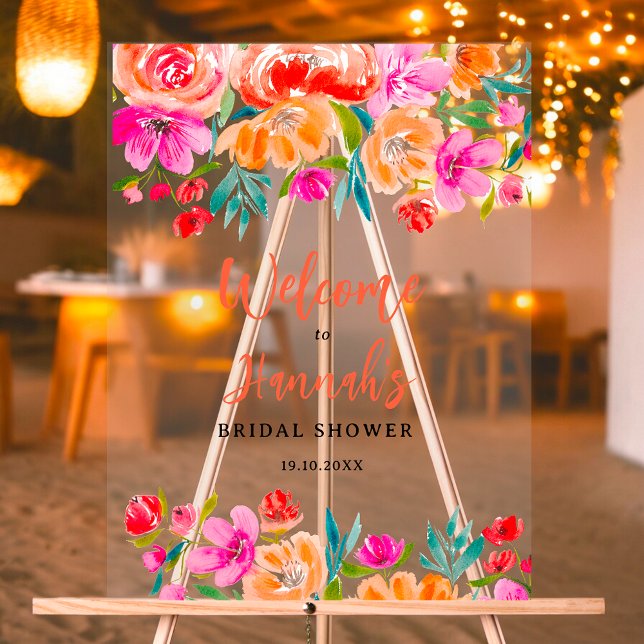 Wildblumen mit orangefarbenem Blumenmotiv Acrylschild (Boho orange floral wildflowers bridal welcome acrylic sign)