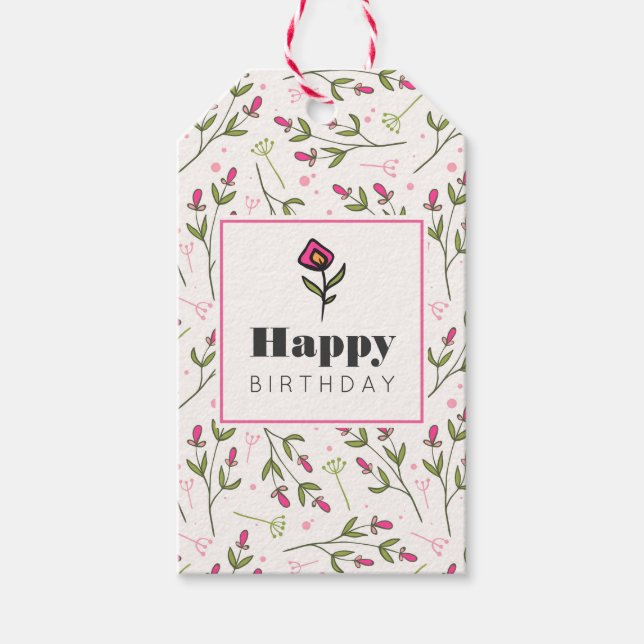 Wildblumen mit rosa und grünem langen Stechen Gebu Geschenkanhänger (Vorderseite)