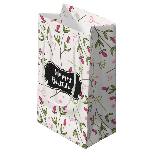Wildblumen mit rosa und grünem langen Stechen Gebu Kleine Geschenktüte (Vorderseite Schrägansicht)