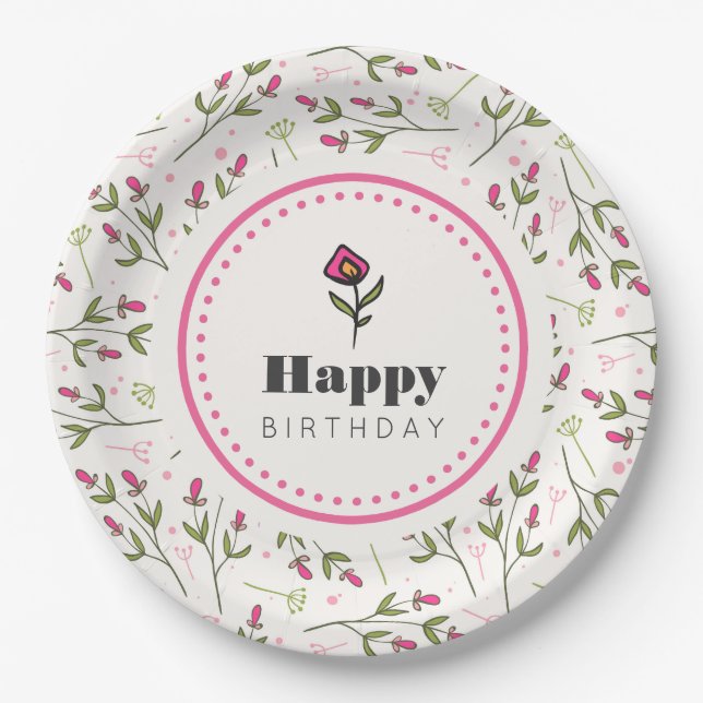 Wildblumen mit rosa und grünem langen Stechen Gebu Pappteller (Vorderseite)