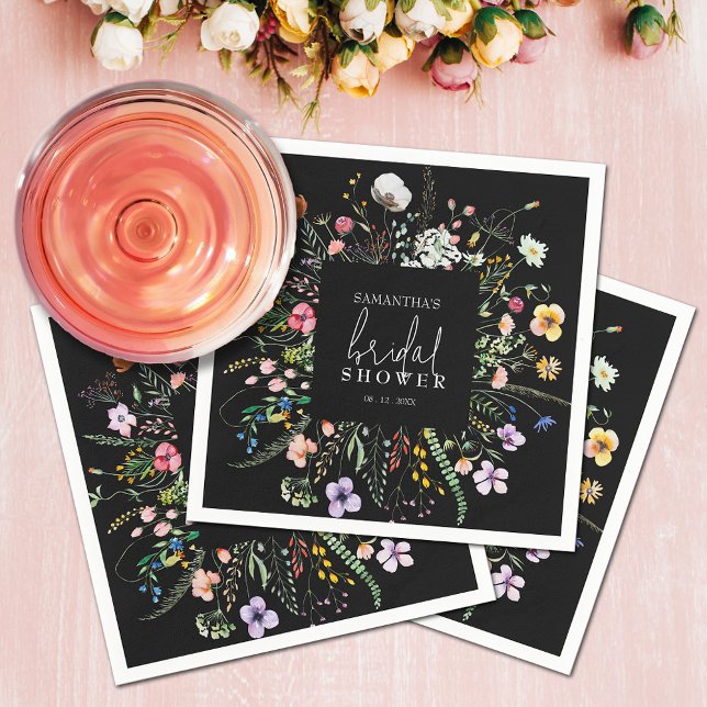 Wildblumen Moody Brautparty Serviette (Wildflowers bridal shower black napkins)