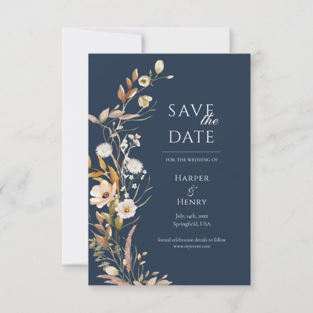 Wildblumen Navy Blue Boho Botanical Save The Date (Vorderseite)