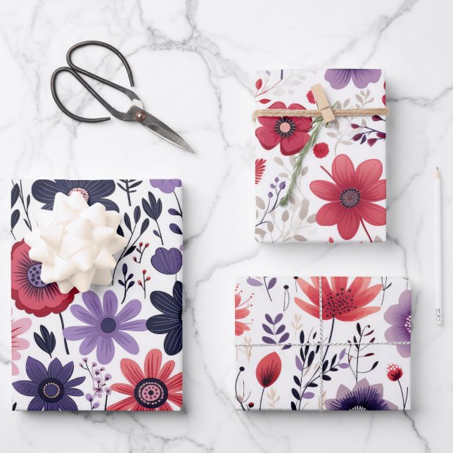 Wildblumen Navy Red Lila Geschenkpapier Set (Vorderseite)
